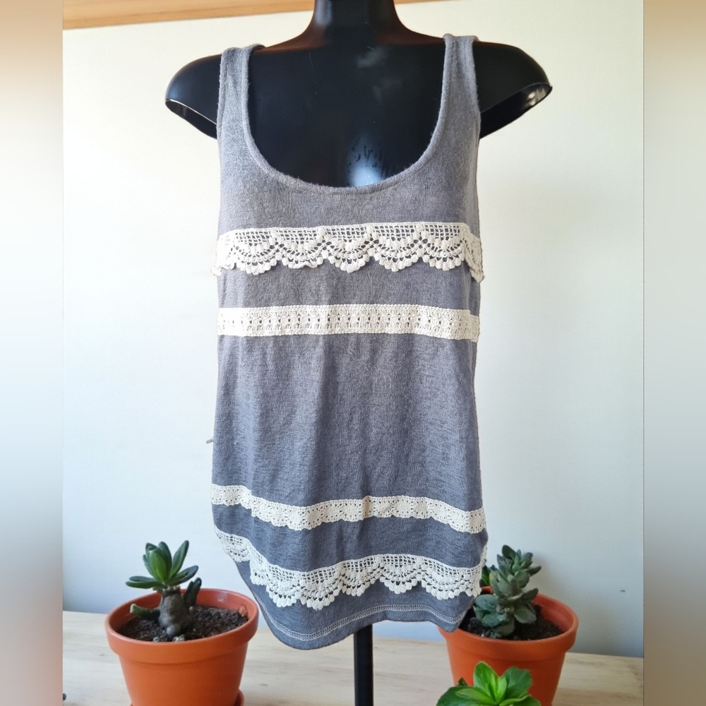 Olivia Moon Charcoal Tank with Cream Crochet Lace